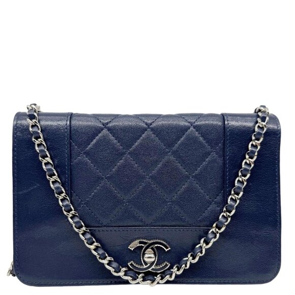 Chanel  Mademoiselle Vintage Flap Quilted Sheepskin Crossbody Bag Navy Blue - Picture 1 of 16